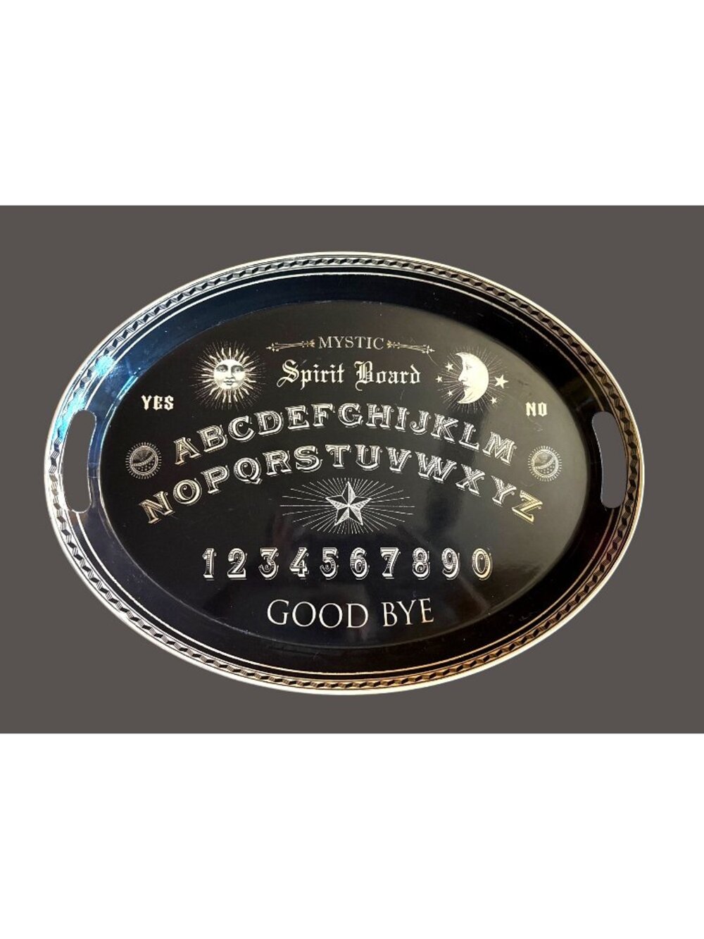Oval Metal Spirit Ouija Board Tray featuring a black and gold gothic design